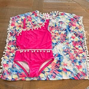 Hot Pink One-Shoulder Girls Swimsuit with Pom Pom Trim and Cover Up S (7/8)